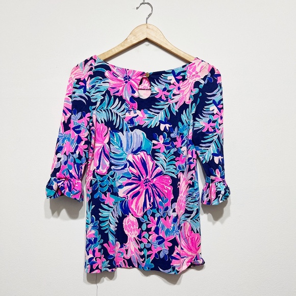 Lilly Pulitzer Waverly Ruffle Sleeve Boat Neck Blouse Multi Garden Get Away S - Picture 3 of 3